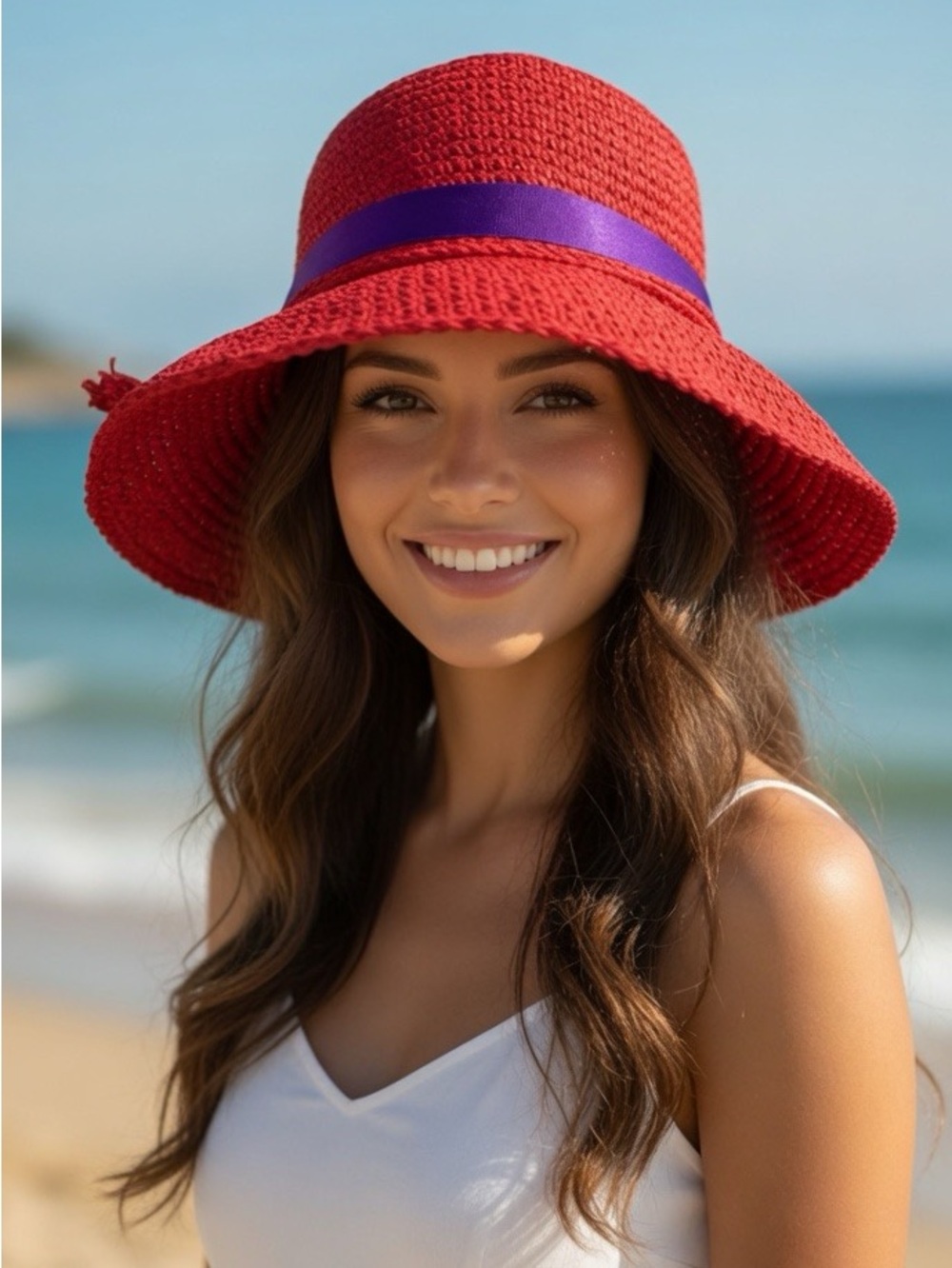 August Hat Co Woven Straw Sun Hat Red Purple Grosgrain Ribbon Tassel Floppy